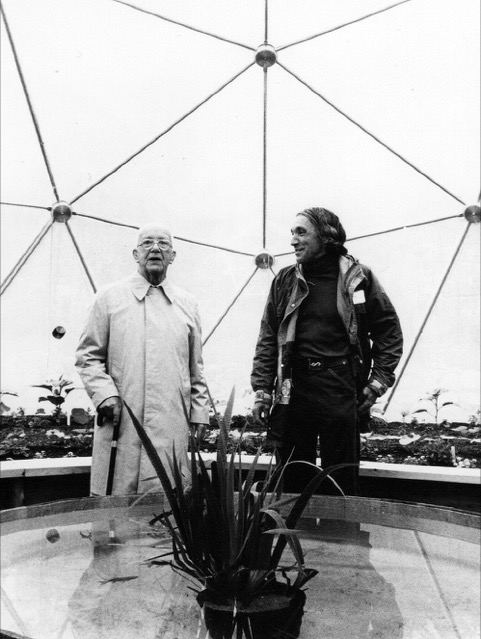J Baldwin with Buckminster Fuller in a geodesic dome